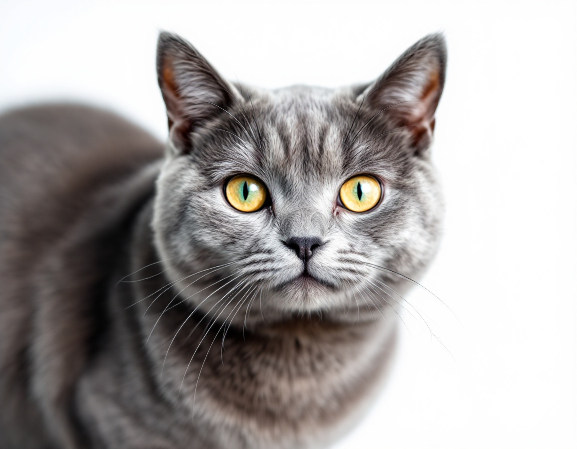 Close-up portrait of cat on a white background, with its alert expression and intricate details of its fur and whiskers in sharp focus.